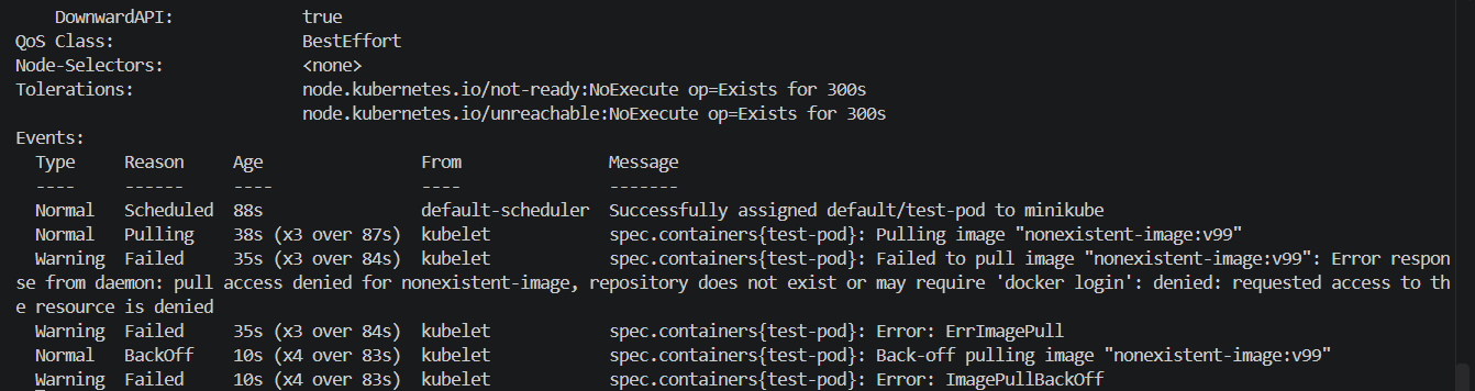 kubectl describe pod Events section showing Pulling, Failed, ErrImagePull, and ImagePullBackOff events