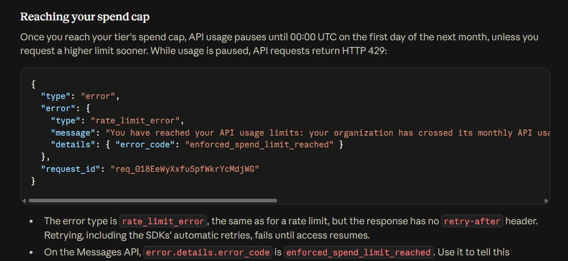 Anthropic API docs showing 429 rate limit response format with error type and retry-after header
