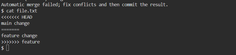 Terminal showing git conflict markers with HEAD vs feature branch changes in the affected file